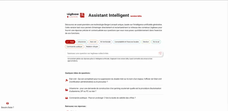 écran de l'assistant intelligent de Légibase Collectivités