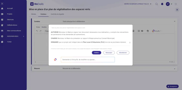 Interface de WeDelib : Gestion des séances en direct